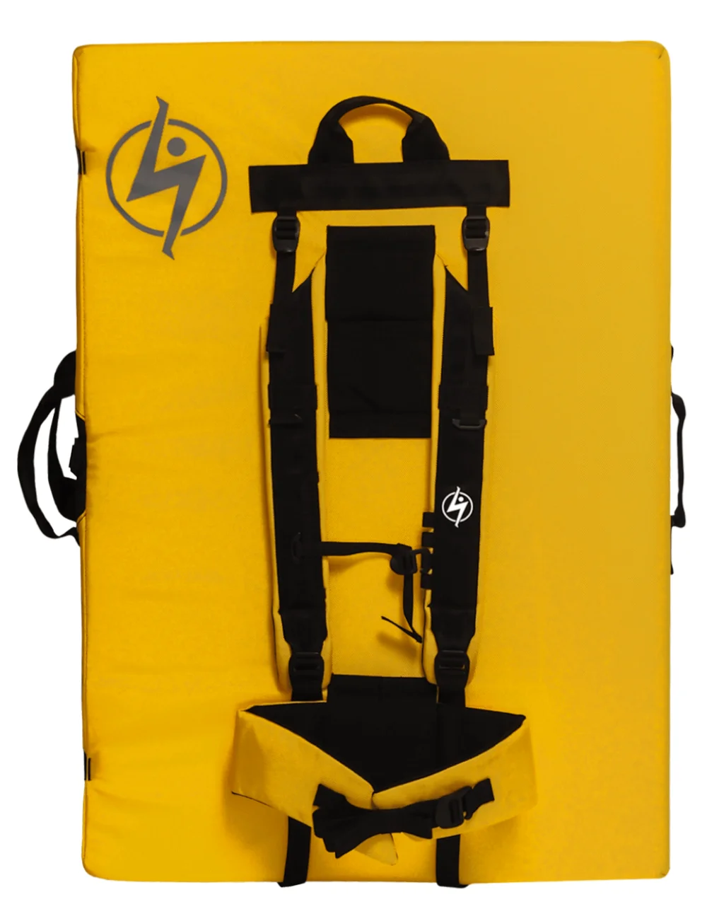 yellow crash pad with padded should straps and padded waist belt