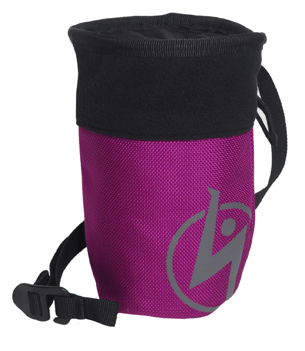 purple chalk bag with waist belt and fleece